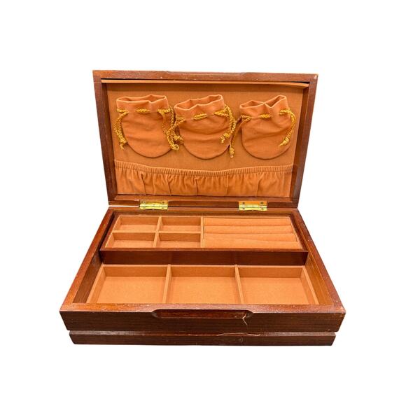 Unbranded Other - 💍 Vintage Wooden Jewelry Box Tan Velvet Lined Necklace Ring Storage Organizer